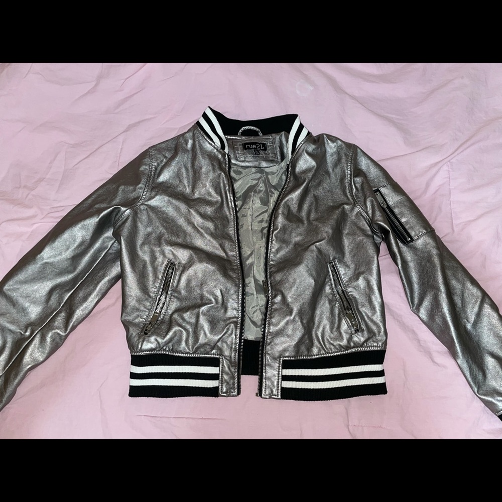 Grey faux leather bomber jacket